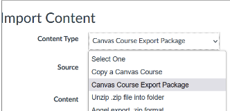 Screen shot of Import Content page in Canvas