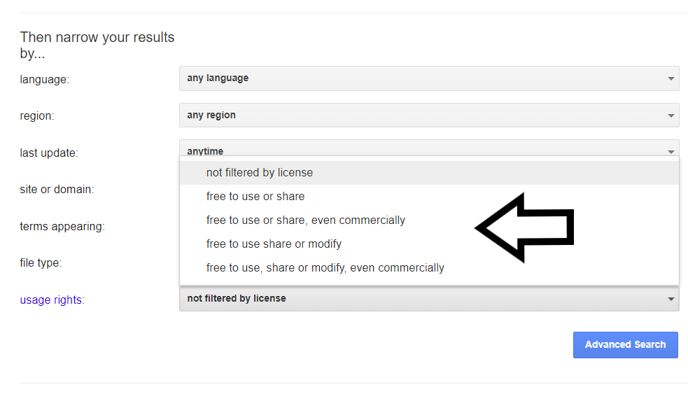 Closeup of Google Advanced page usage rights menu.