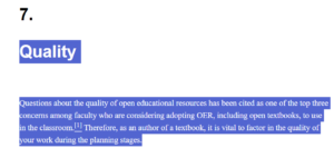 Screen shot of highlighted/copied text on Quality from BC Campus Textbook