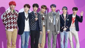 Korean pop music group BTS on stage.