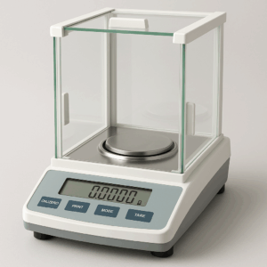 Shows an analytical balance.