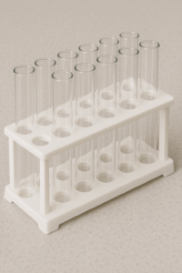 Shows test tubes with test tube rack.