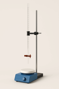 Titration setup with a ring stand and burette hovered over a magnetic stir plate.