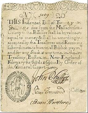 Piece of paper money, from the Massachusetts Bay Colony.