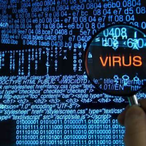 A digital-themed image featuring a magnifying glass focusing on the word 'VIRUS' displayed in bold.