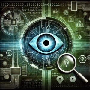 A futuristic and highly detailed digital illustration symbolizing surveillance and cybersecurity.