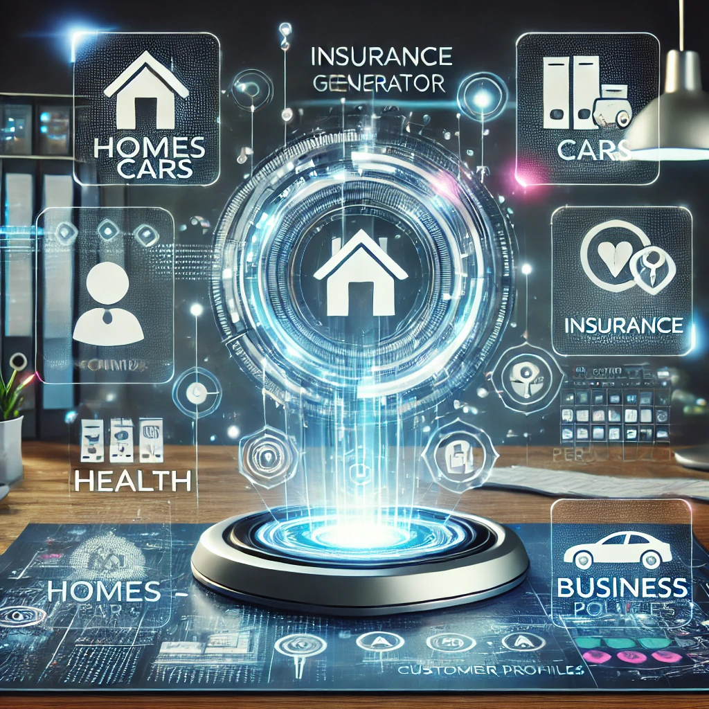 Here's an illustration of an insurance policy generator system, showcasing a futuristic interface with holographic displays for various insurance options and personalized plans, surrounded by icons representing different coverage types.