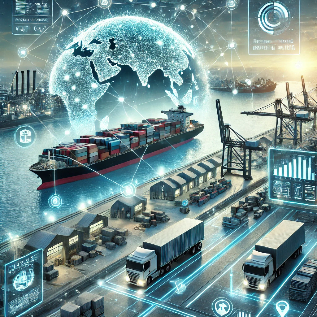 Here’s an illustration showcasing the confluence of Fintech in shipping, warehousing, and logistics, highlighting interconnected elements such as a cargo ship, warehouse, and delivery trucks, all linked by digital financial transactions and analytics.