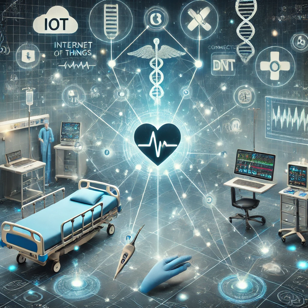 Here’s an illustration representing the Internet of Things (IoT) in healthcare, showcasing smart medical devices, interconnected systems, and futuristic innovations in both hospital and home care environments.