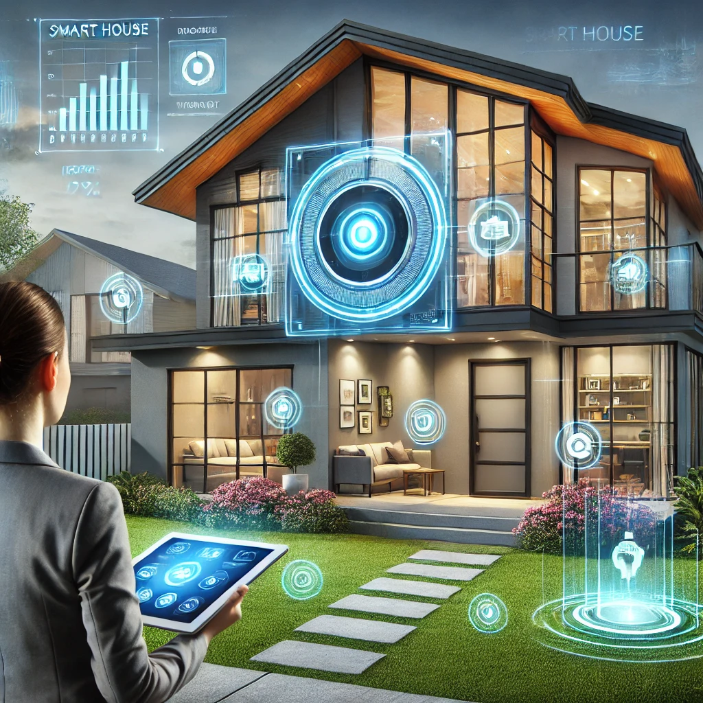 Here’s an illustration of a modern smart house being shown by a realtor, featuring sleek design, advanced smart home devices, and holographic property details to highlight the integration of technology and real estate.