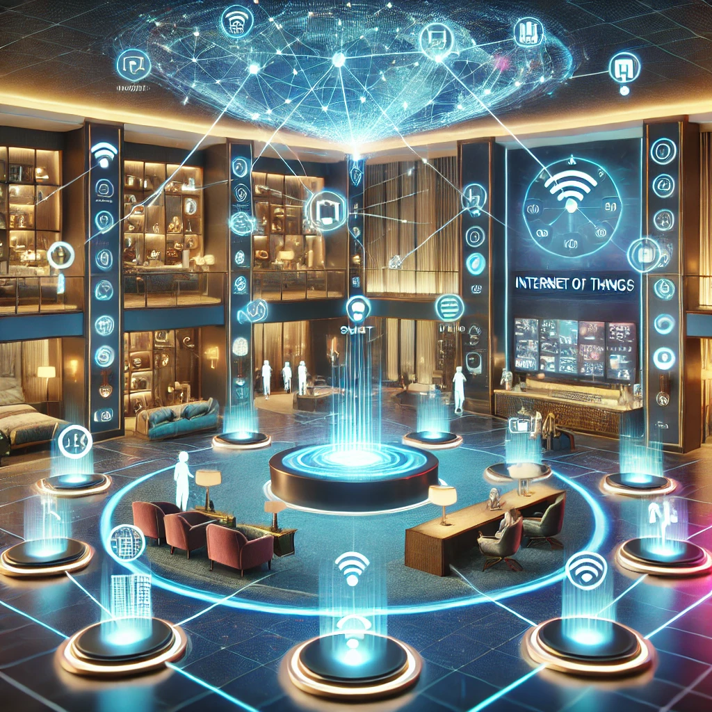 Here’s an illustration of an IoT-enabled hotel, featuring smart devices like automated concierge robots, voice-activated check-in kiosks, and connected hotel room systems, showcasing luxury, innovation, and comfort.