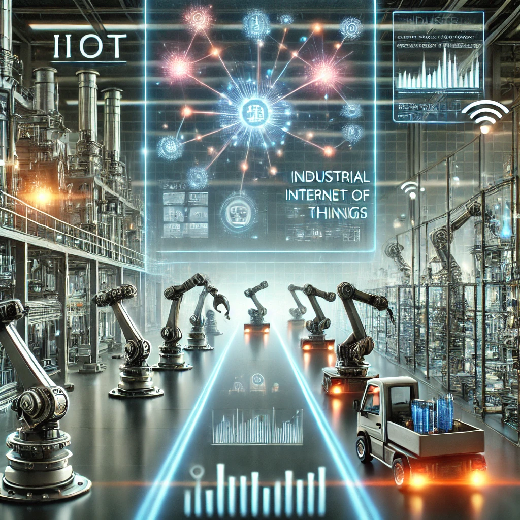 Here’s an illustration of a futuristic factory showcasing the Industrial Internet of Things (IIoT), featuring interconnected machinery, robotic systems, and real-time data analytics, highlighting automation and innovation in modern manufacturing.