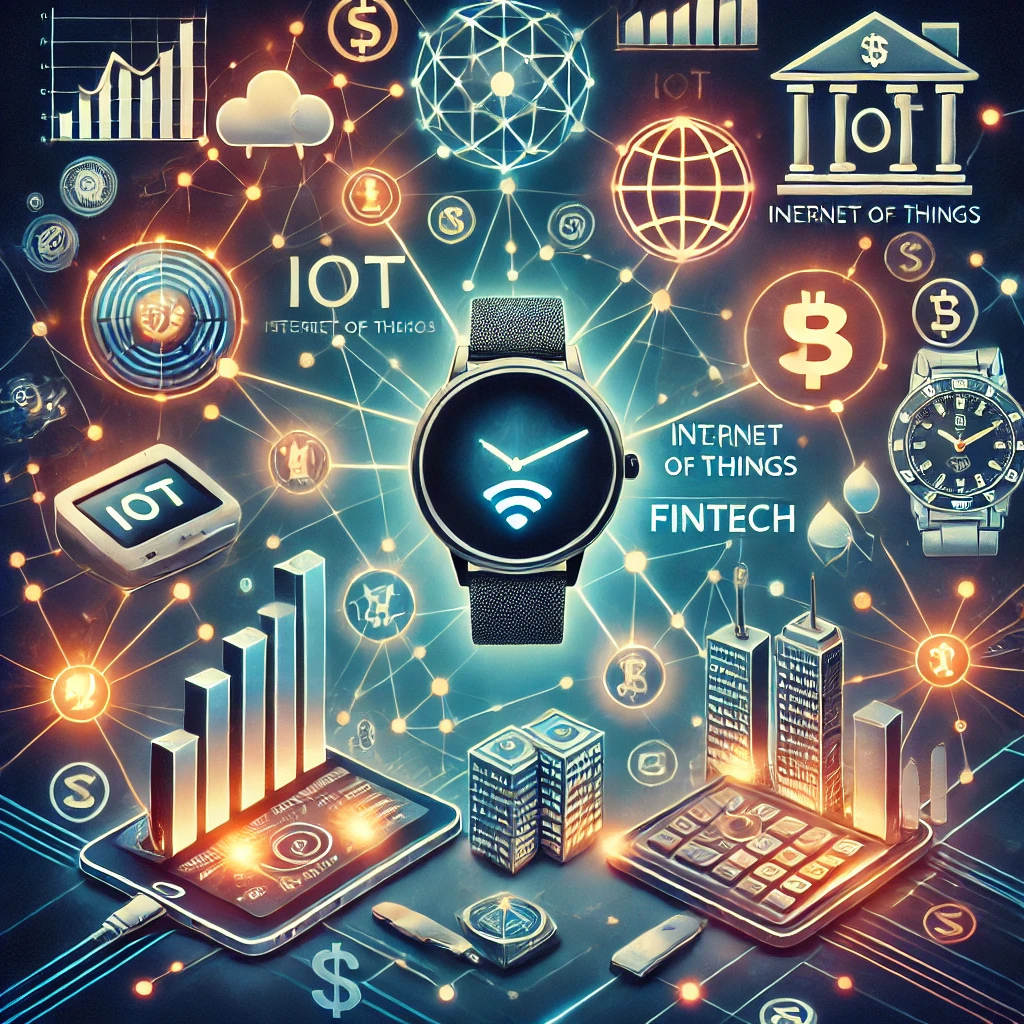 A visual representation of the convergence of IoT and Fintech, with interconnected smart devices and financial symbols illustrating their integration in a futuristic and innovative way.