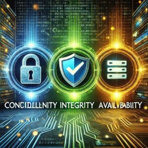 Confidentiality, Integrity, and Availability as a lock, shield and drawers.