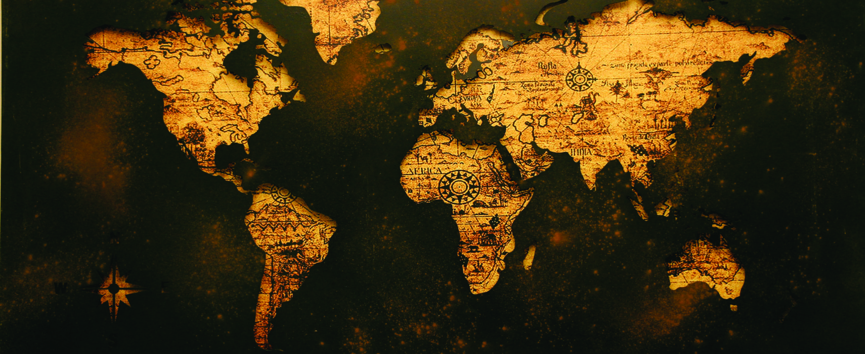 This image shows a map of the world on a dark background with the continents cutout to reveal a lighter color.