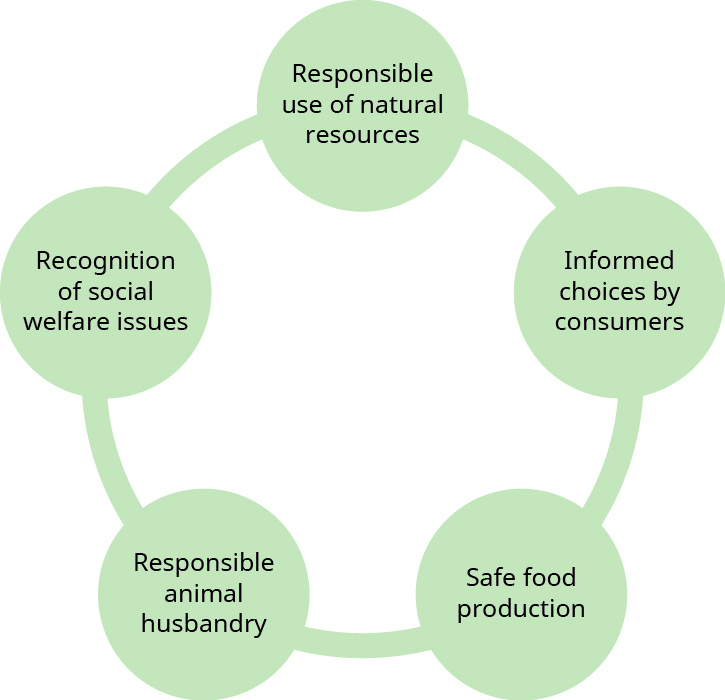 This graphic shows five circles arranged in a circle, with a line connecting them to one another. From the top circle clockwise they are: “Responsible use of natural resources,” “Informed choices by consumers,” “Safe food production,” “Responsible animal husbandry,” and “Recognition of social welfare issues.”