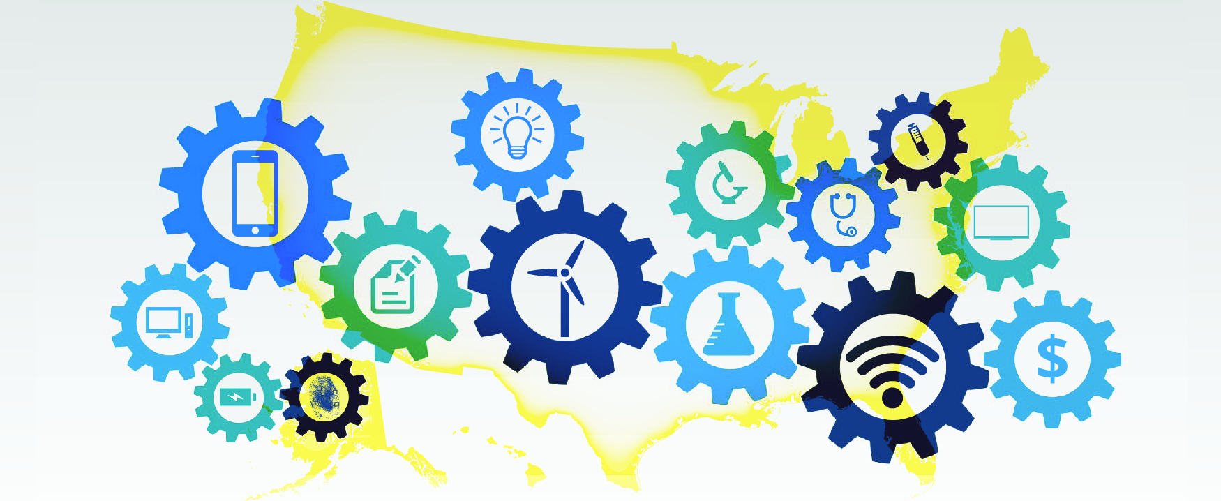 This graphic shows an outline of the United States overlaid with the simple outlines of different sized gears. In the center of the gears are simple icons, including a battery, a computer screen, a cell phone, a paper and pencil, a light bulb, a windmill, a beaker, a stethoscope, a wifi signal, a dollar sign, and a television screen.