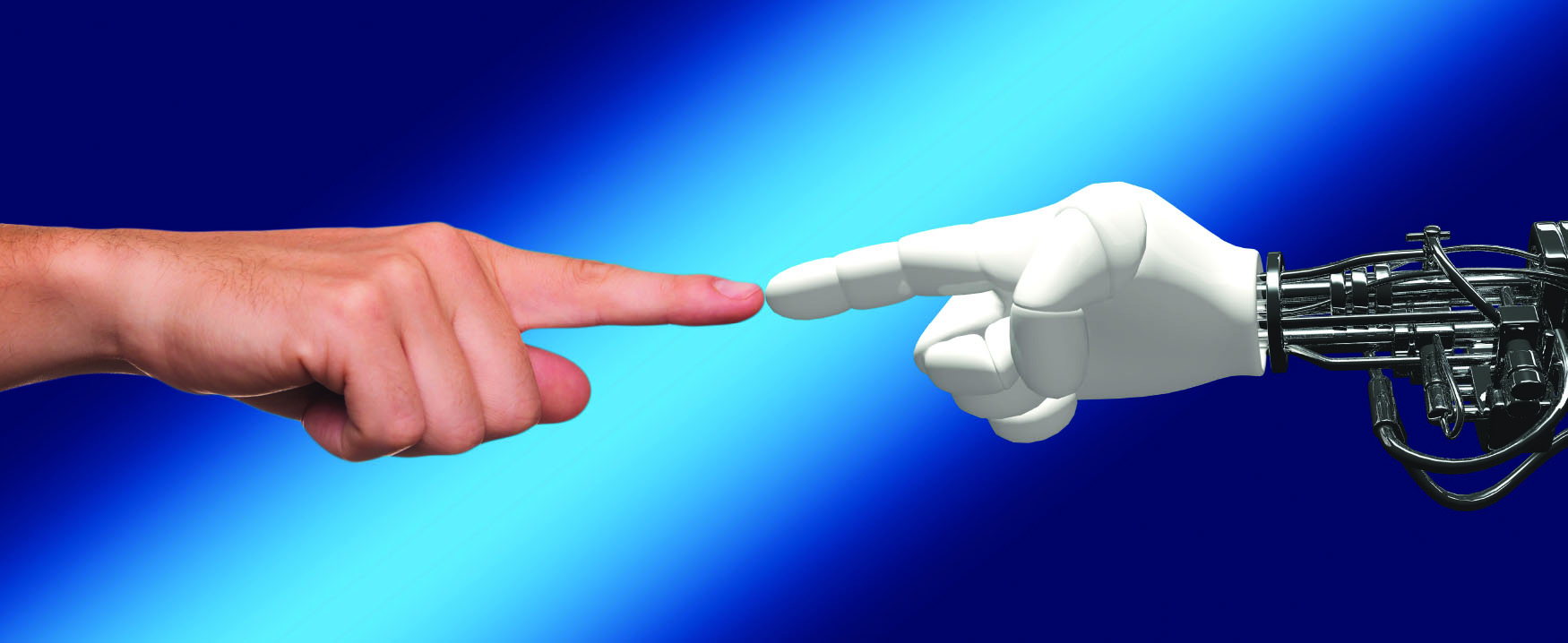 This image shows a human hand on the left and a robot hand on the right. Their index fingers are touching in the middle.