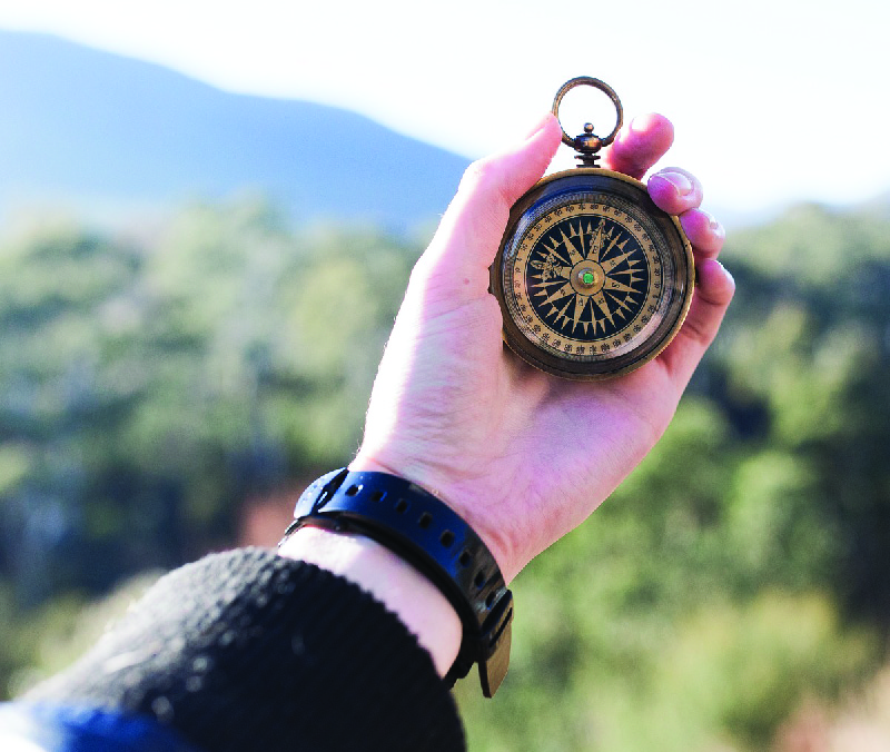 This image shows a person’s hand holding a compass.