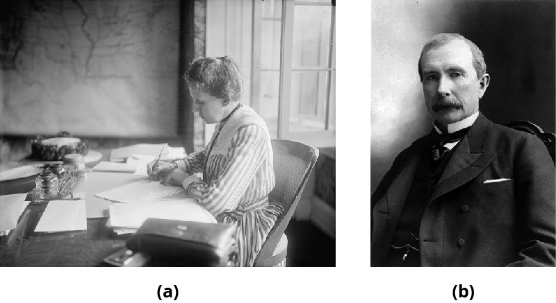 Part A shows Ida Tarbell writing by hand at a desk. Part B shows John D. Rockefeller.