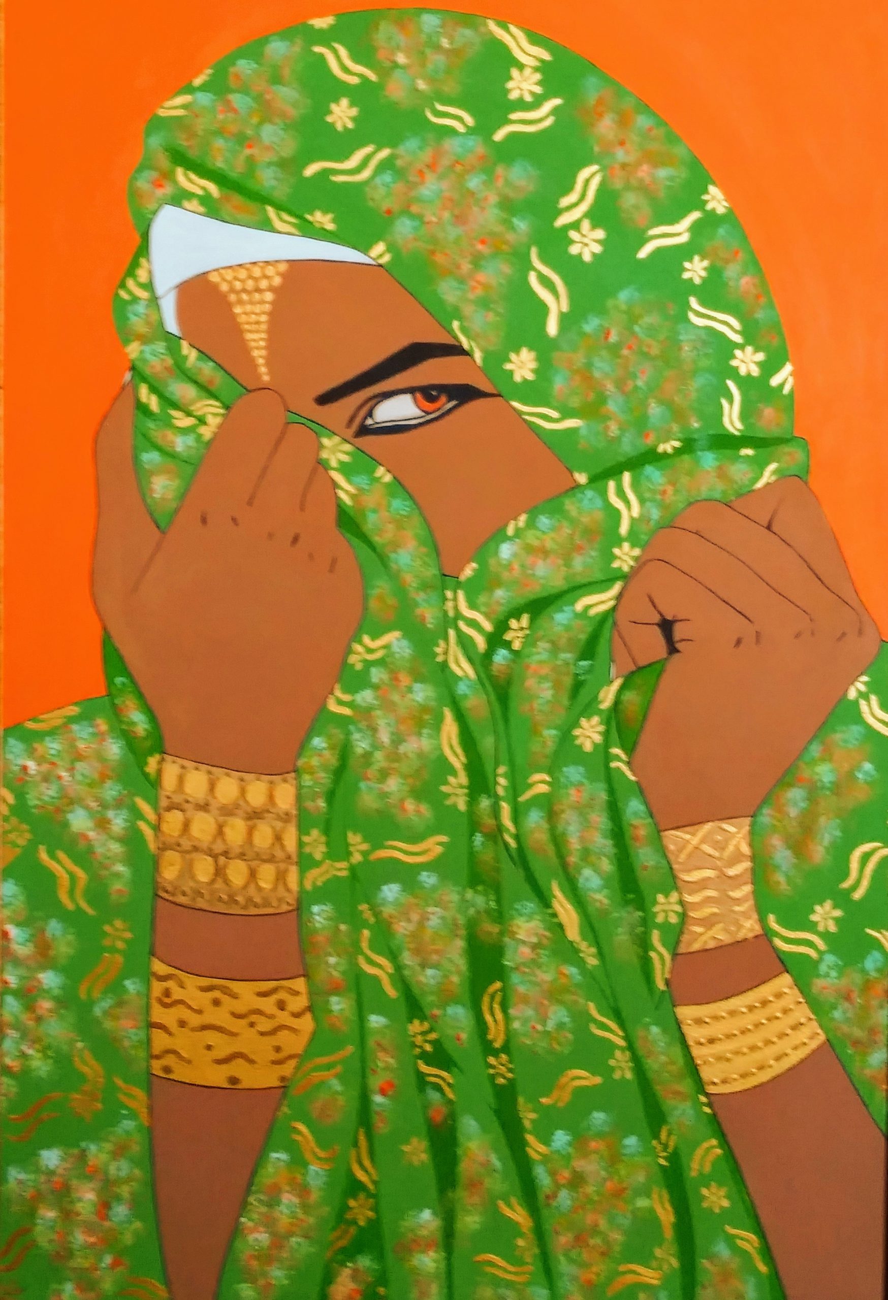 A beautiful woman is wrapped in a glittering green scarf with only one kohl lined eye peering out at the viewer. Gold cuffs adorn both of her wrists as she holds gently onto the scarf